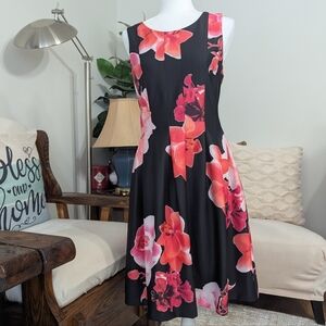 Calvin Klein Black and Pink Floral Midi Dress